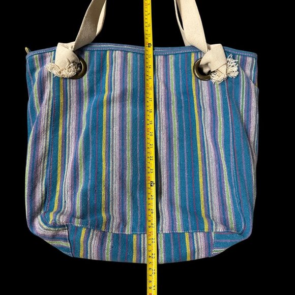 Striped Woven Canvas Tote Bag Zipper Handles Beach Bag Blue Purple Michael Stars - Picture 9 of 11